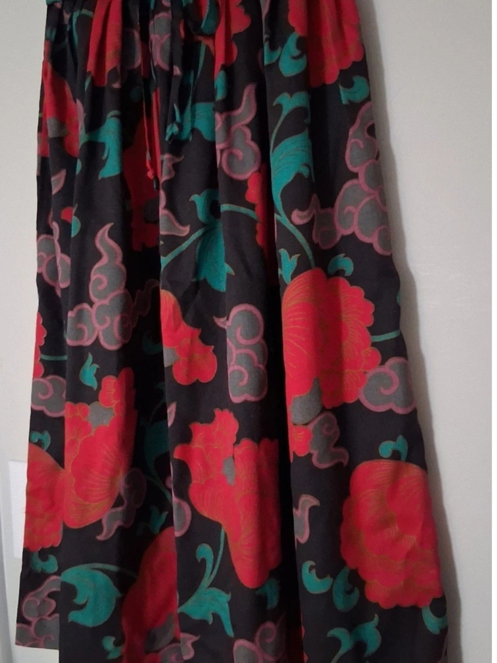Black Maxi Skirt with Red Floral and Teal Accents